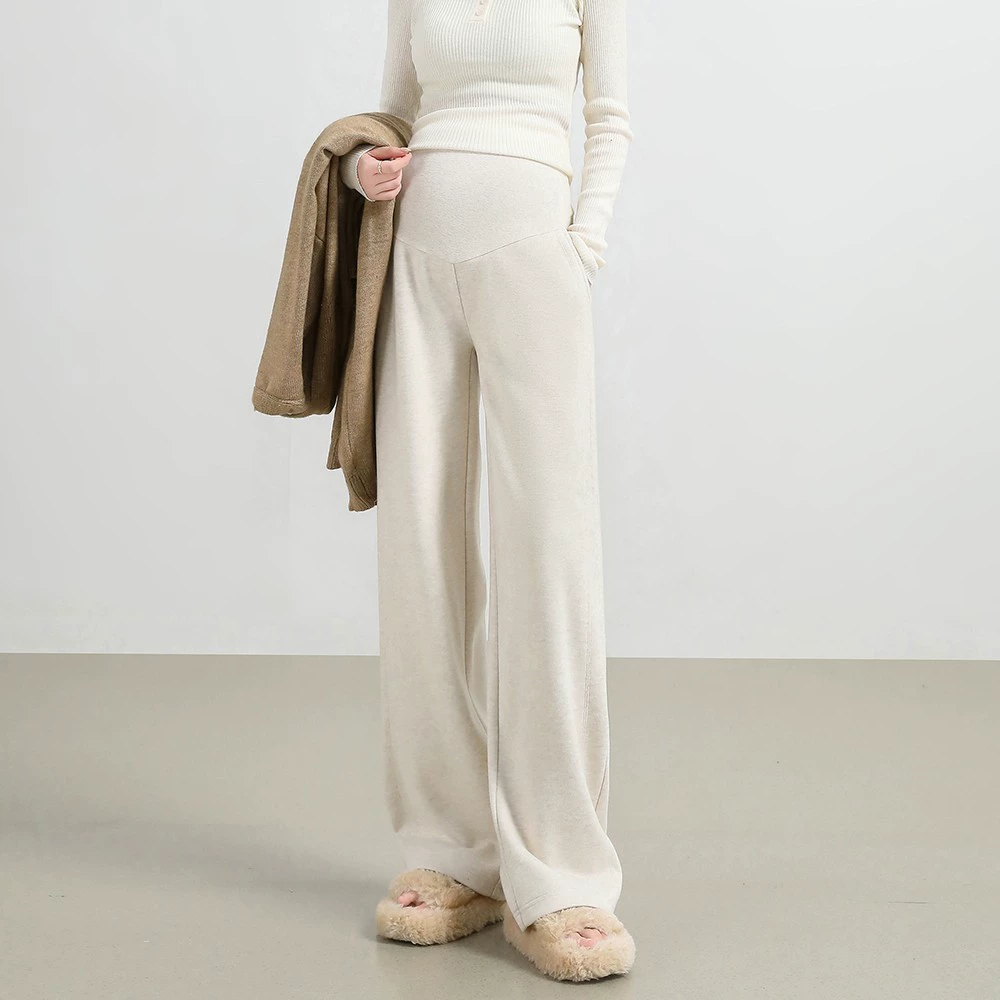 woolen fleece casual trousers with belly support for pregnant, fitted, oversize, loose straight fit