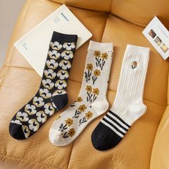 襪子女秋季中筒襪精梳棉雙針雙路復古刺繡ins潮透氣女士長襪批發