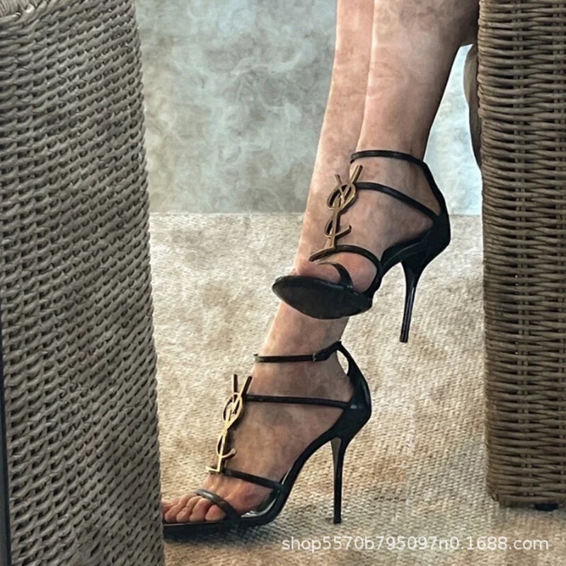 Yang Shulin Same Style High Heels Women's 2025 Summer New Letter Logo Sexy Open-Toe Strap Sandals Women