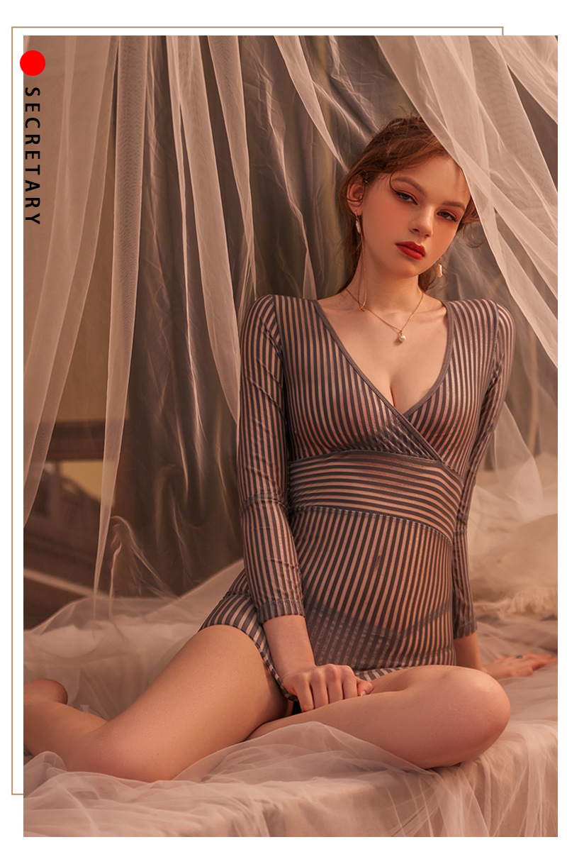 Striped Secretary Roleplay Lingerie Set with Sheer Long-sleeve Top, Mini Skirt and Thong — detail image 25