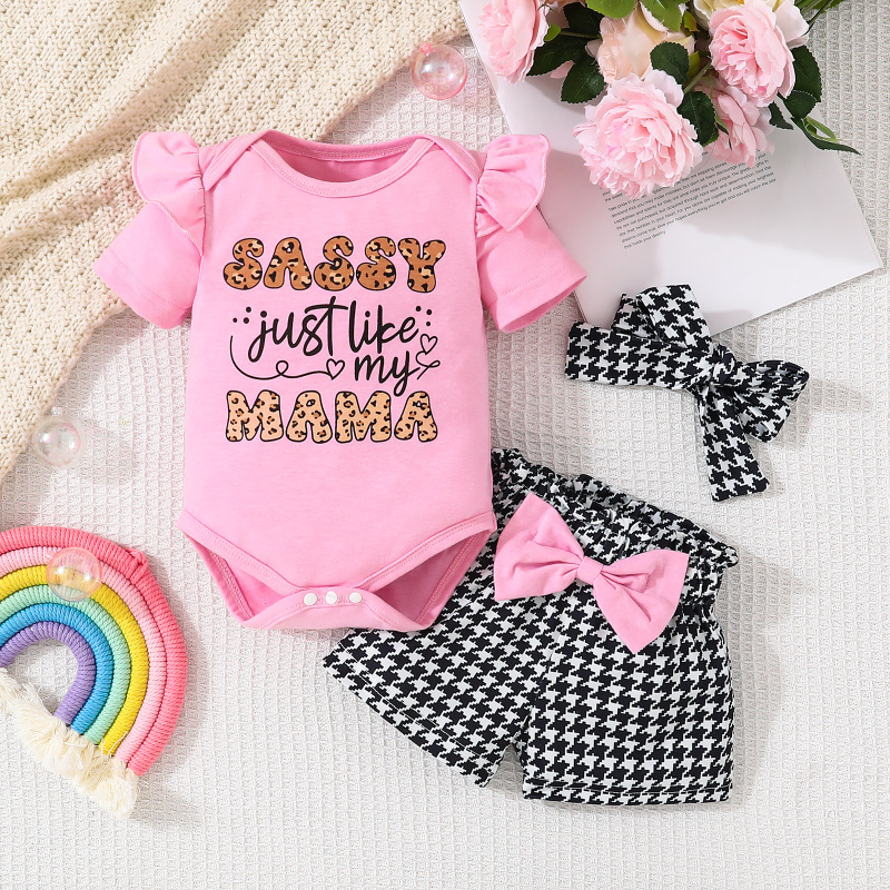 Baby Girl Cute Letter Printed Short-Sleeved Women's Clothing and Houndstooth Shorts and Headscarf Set 3-Piece Set Baby Girl Cute Letter Printed Short-Sleeved Women's Clothing and Houndstooth Shorts and Headscarf Set 3-Piece Set
