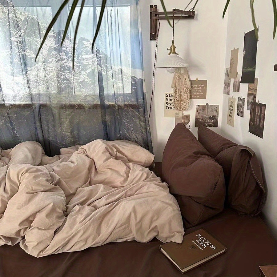 ins Home Retro Quilt Cover Coffee Skin-Friendly Quilt Cover 1.8 Bedding Four-Piece Bed Sheet Dormitory Three-Piece Set