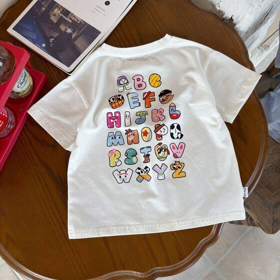 100 Cotton Children's 2024 Summer New Boys' Short Sleeve T-Shirt Cartoon Printed Girls Baby Casual Top