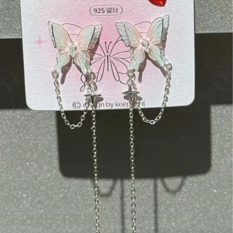 ニッチなデザインの高級ブルーバタフライパールイヤリング、女性用、2025年夏の新作人気ファッションイヤリング