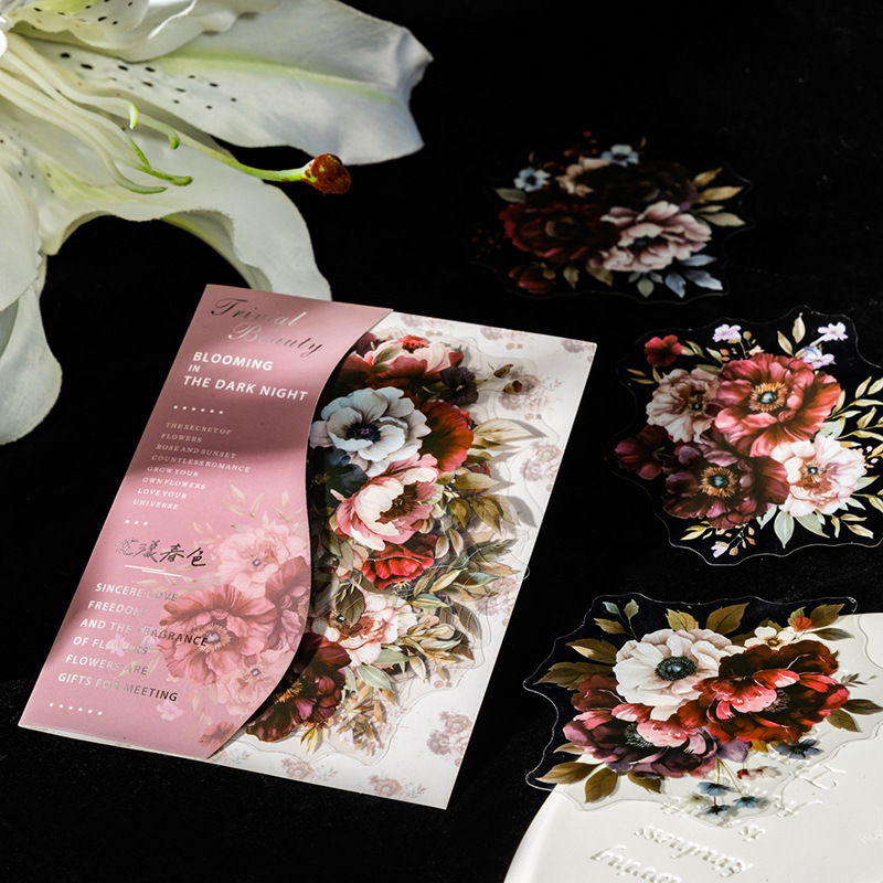 Dark Night Blooming Dark Style Flower PET Sticker Exquisite Flower Decoration Hand Account Material Collage