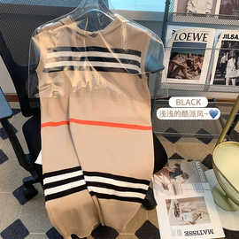 法式无袖条纹连衣裙女夏季新款感中长款运动风休闲连帽t恤裙