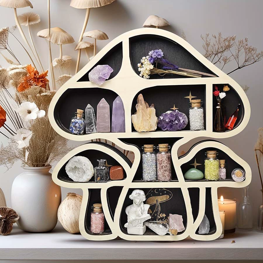 Деревянная грибная плавающая рама Кристаллическая настенная стойка Кристаллическая рама для хранения Медитация украшения Многофункциональная стойка для хранения