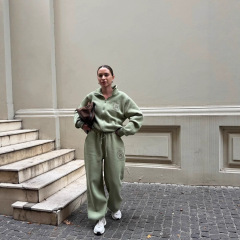 外贸翻领休闲卫衣套装阔腿韩版套装女秋冬加绒保暖拉链开衫长裤女