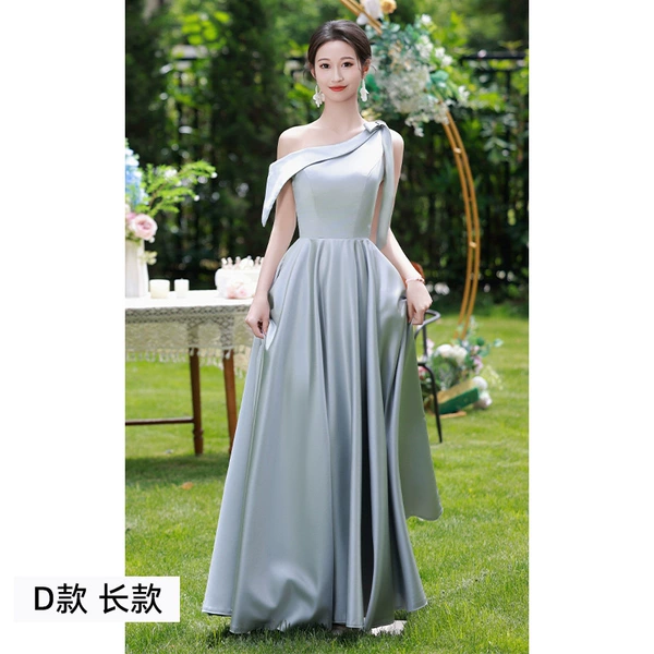 Blue -gray D long long bows oblique shoulders