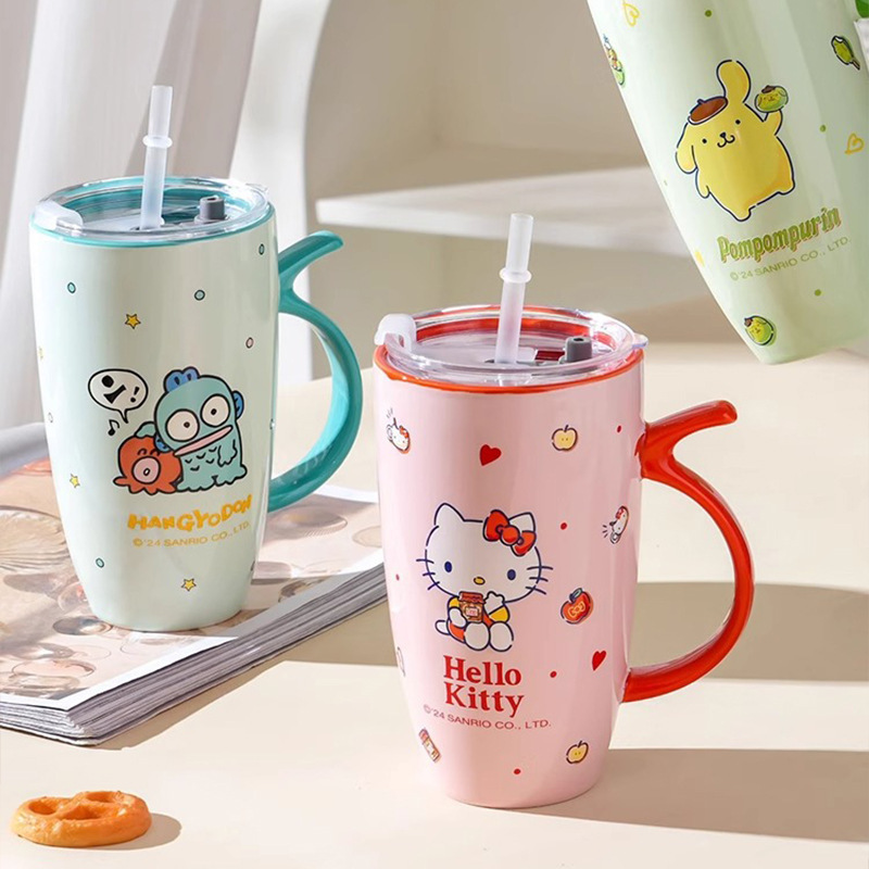 サンリオセラミックマグクリエイティブ蓋付きストロー漫画高価値朝食カップカップルウォーターカップコーヒーカップ|undefined