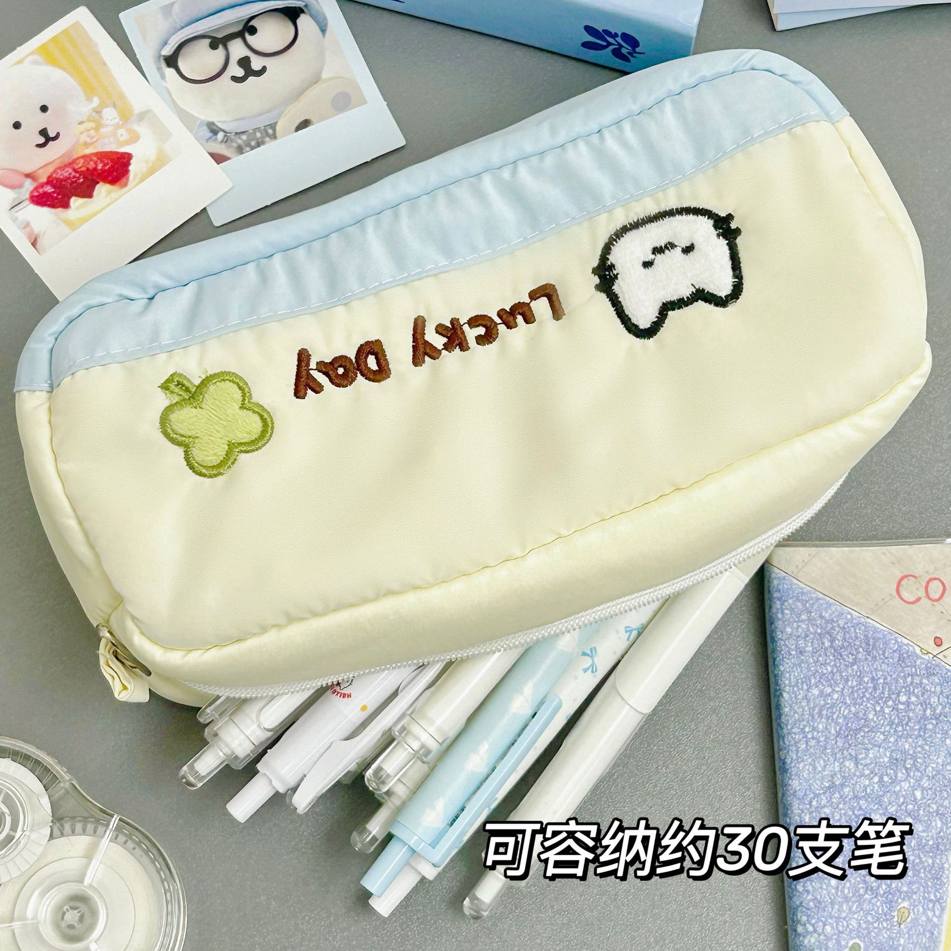 Cute cuatrofolios gatos bordados lienzo bolsas de lápiz en gran capacidad papelería almacenamiento bolsas de lápiz bolsas