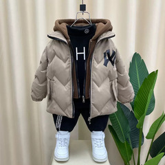Boys' Winter Cotton Coat 2024 New Children's Thick Down Cotton Jacket Outerwear Trendy Baby Hooded Long-Sleeve Cotton Puffer Jacket