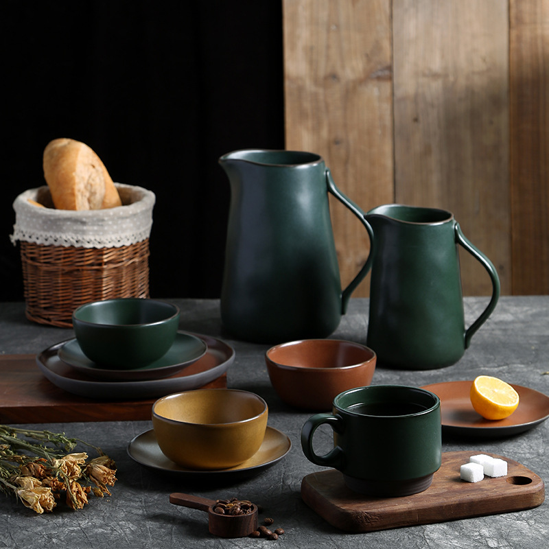 European-style Ceramic Tableware Irregular Japanese-style Stoneware Hand-made Dishes Set Matte Frosted Black Soil Western Plate