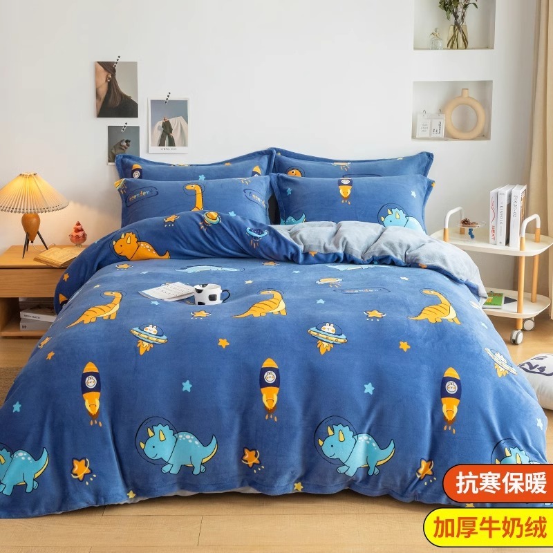 Cama de terciopelo de leche de cuatro piezas, doble cara de invierno más brida de terciopelo, sábana de terciopelo de coral, funda de edredón, ropa de cama de felpa de tres piezas