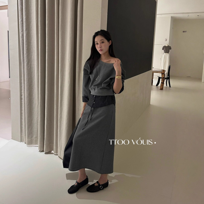 TTOO VOUIS秋季2301长袖圆领卫衣假两件抽绳松紧腰半身裙两件套女|undefined