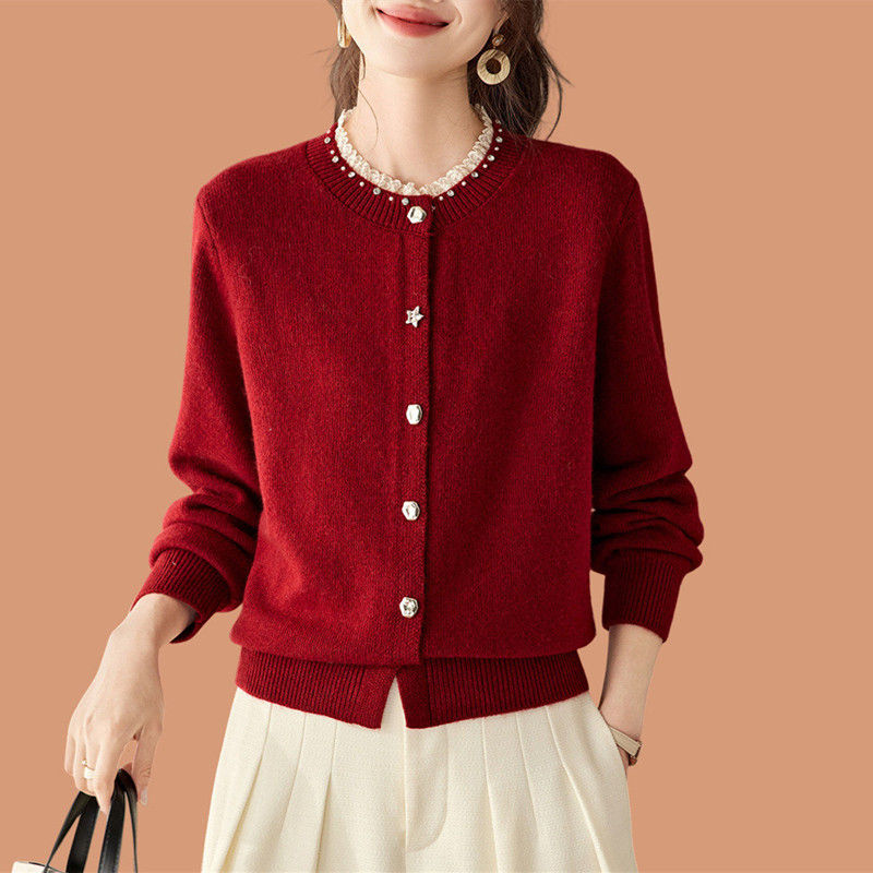 2026 Spring and Autumn Korean Style Lace Trim Round Neck Knit Cardigan for Women, Short Red Sweater Jacket Top