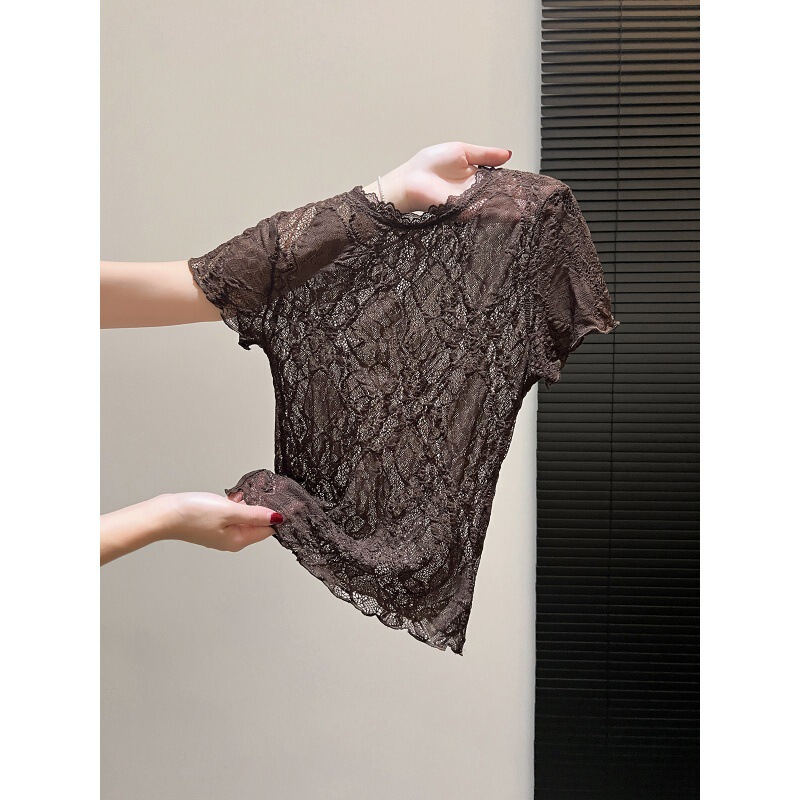 Elegant and casual style, ruffled round-neck lace short-sleeve T-shirt for women, summer top with a sheer, hollowed-out design, slim-fit and cropped length Elegant and casual style, ruffled round-neck lace short-sleeve T-shirt for women, summer top with a sheer, hollowed-out design, slim-fit and cropped length