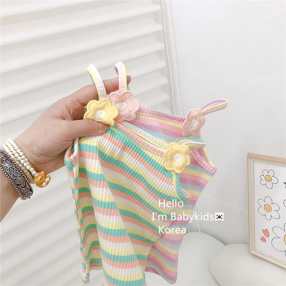 Ladies' Tank Top 2021 Summer New Style Sleeveless Straps Outerwear for Young Girls Thin Striped Flowered Children's Top