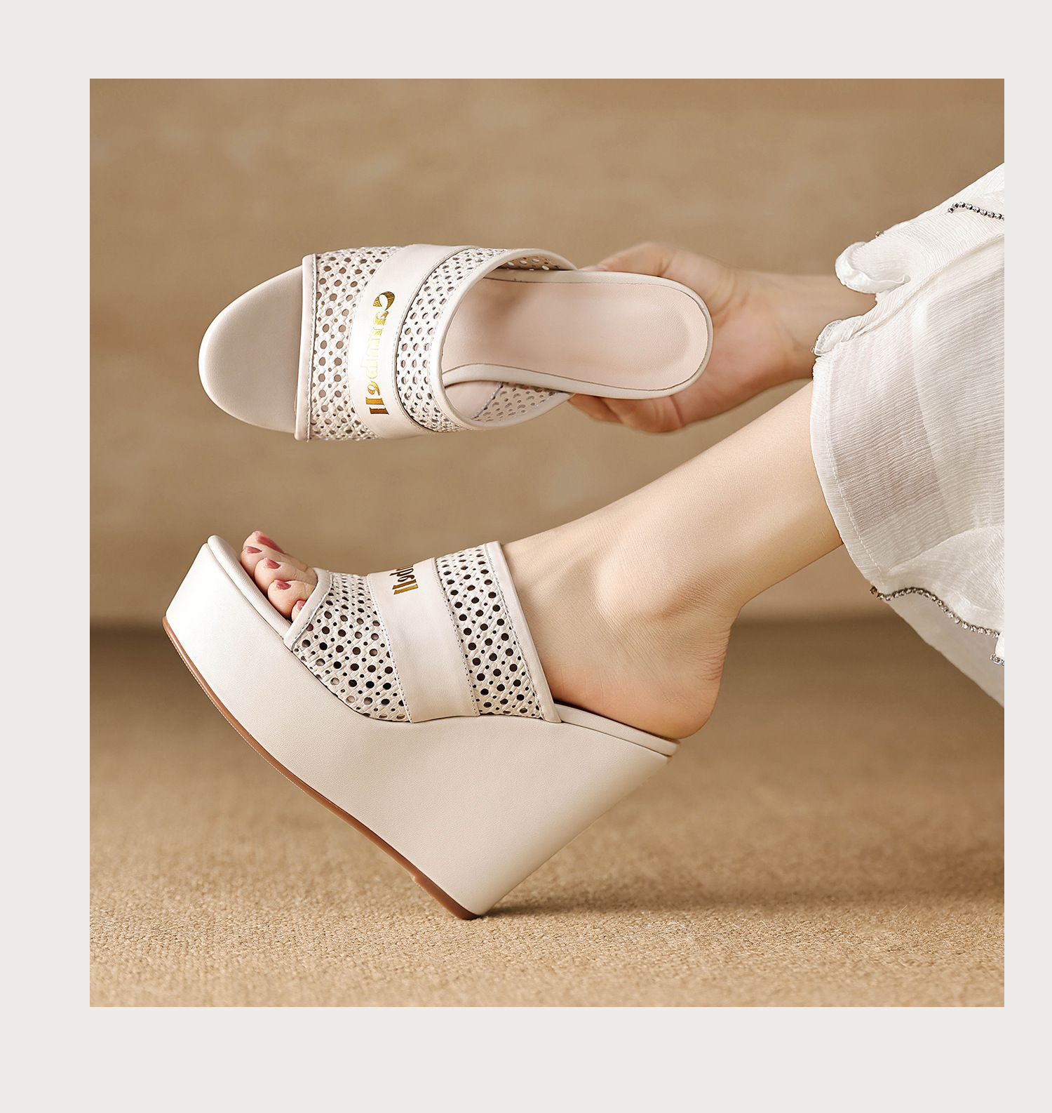 Sandal cao gót nữ hở mũi quai ngang đế xuồng da bò — màu đen, màu trắng ngà chi tiết 12