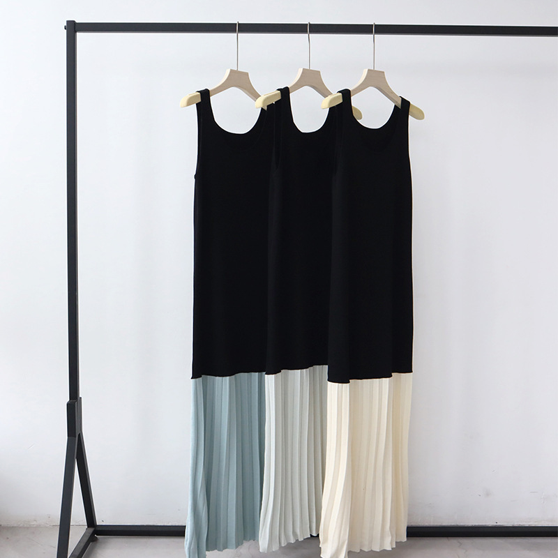 Spring and summer new women's lyocell tencel knitted camisole dress high-end sense stitching temperament pleated skirt