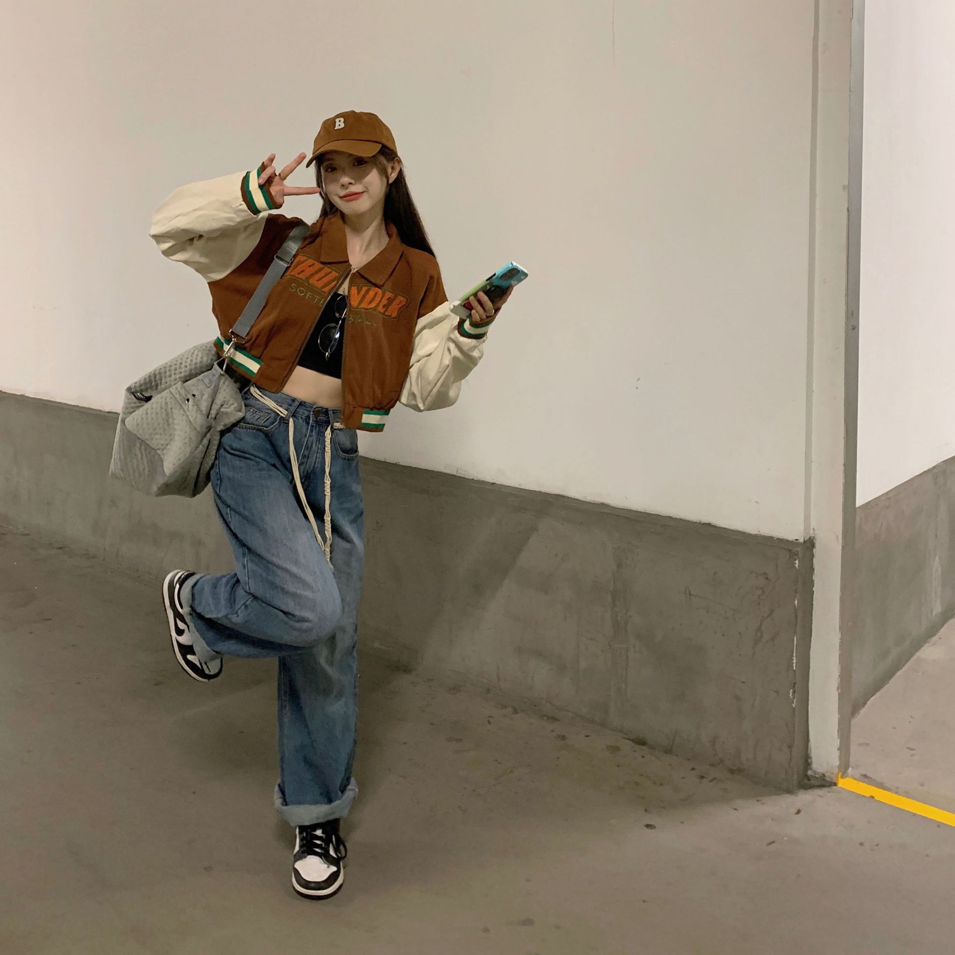 外贸虾皮美式复古辣妹短款vintage棒球服设计感小众夹克长袖外套