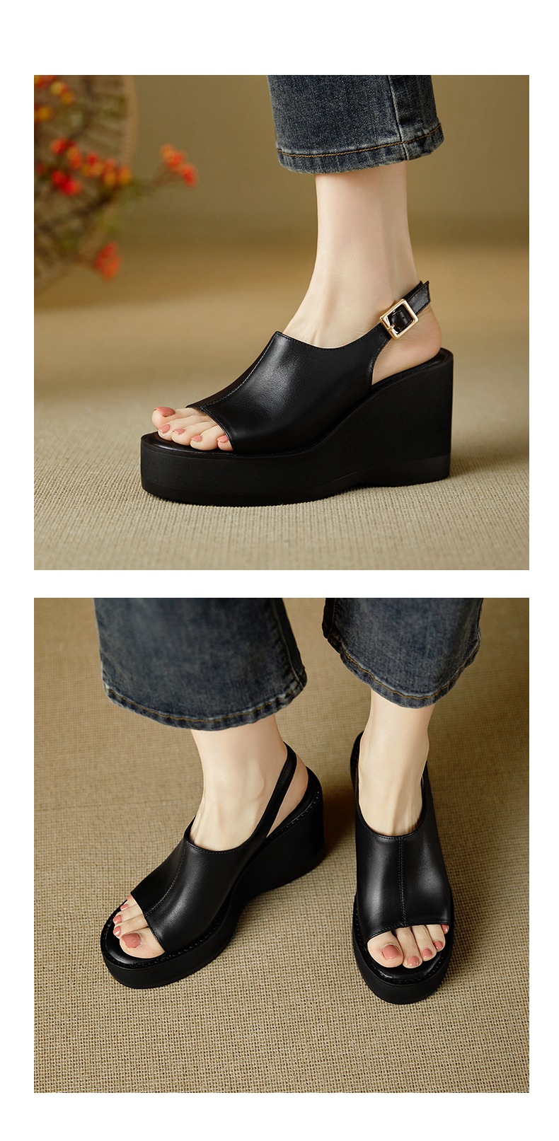 Sandal cao gót nữ mũi nhọn hở ngón, đế xuồng dày, quai một chữ, gót 9 cm — đen chi tiết 7
