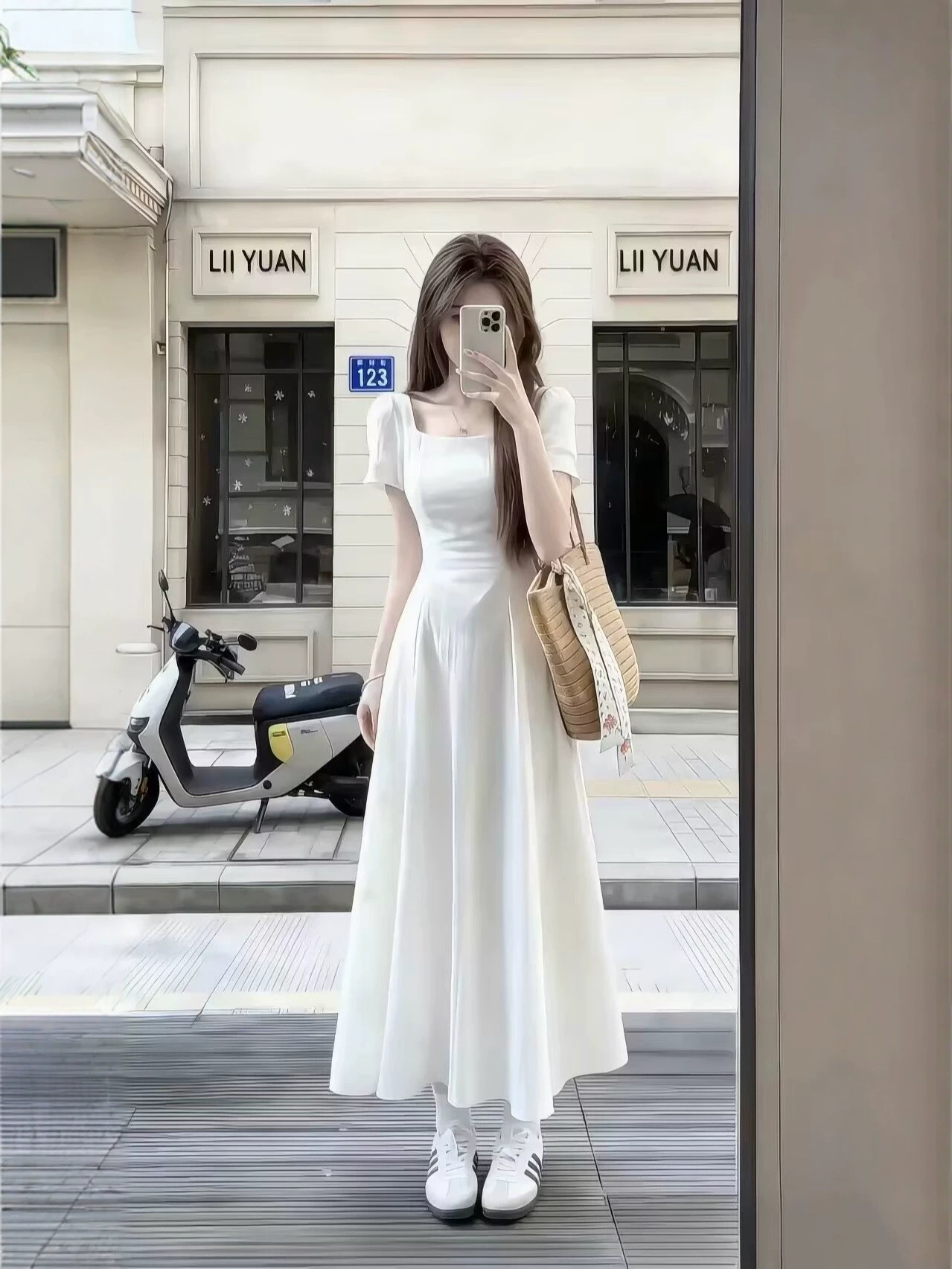 Váy dài nữ cổ vuông thắt eo tay ngắn kiểu Pháp — trắng