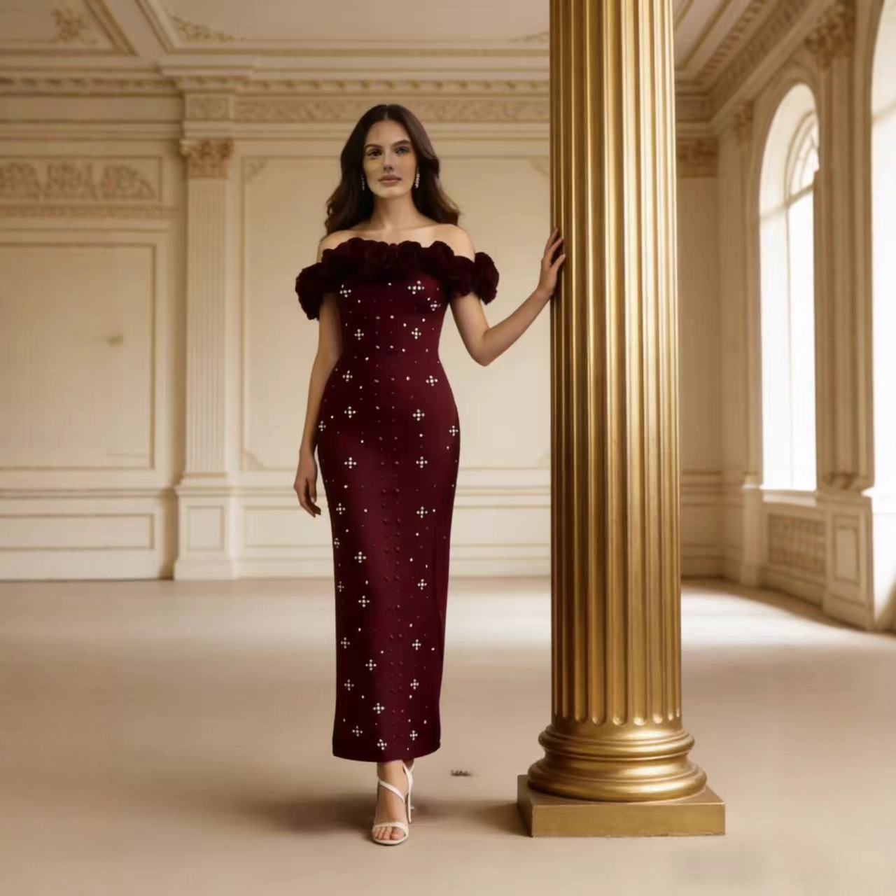 European and American Cross-Border Tube Top Sleeveless Large Flower Diamond-Encrusted Hip Bandage Dress Banquet Bandage Skirt High-End Evening Dress