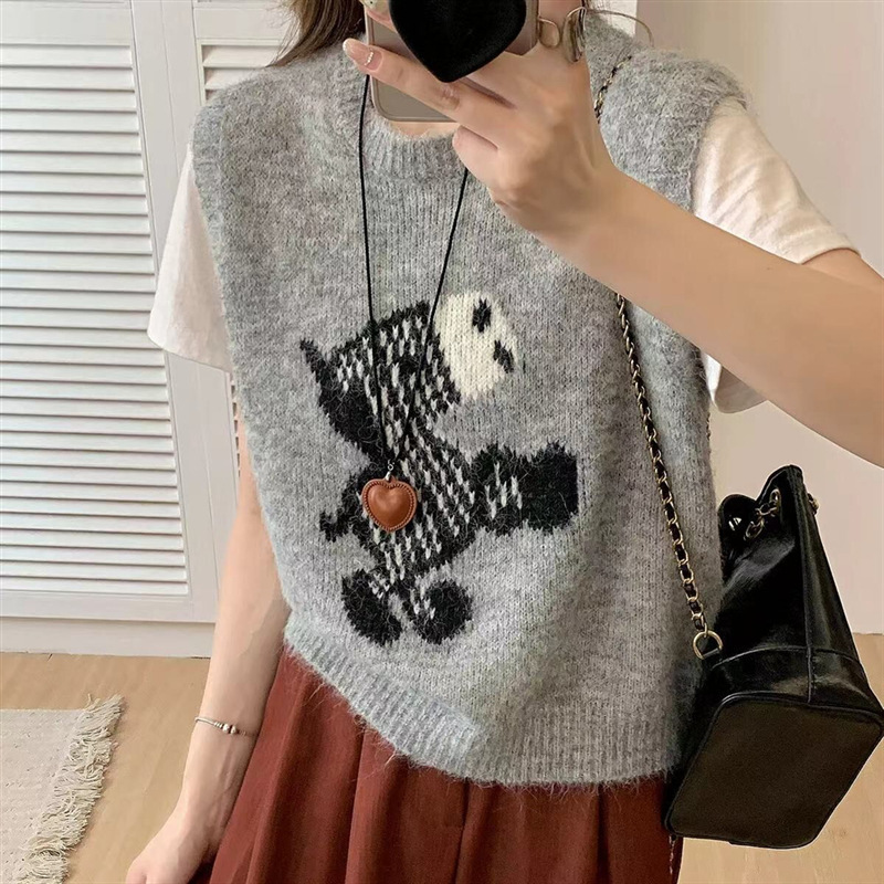 韩版秋冬提花针织小毛驴圆领毛衣马甲背心宽松无袖坎肩女上衣潮|undefined
