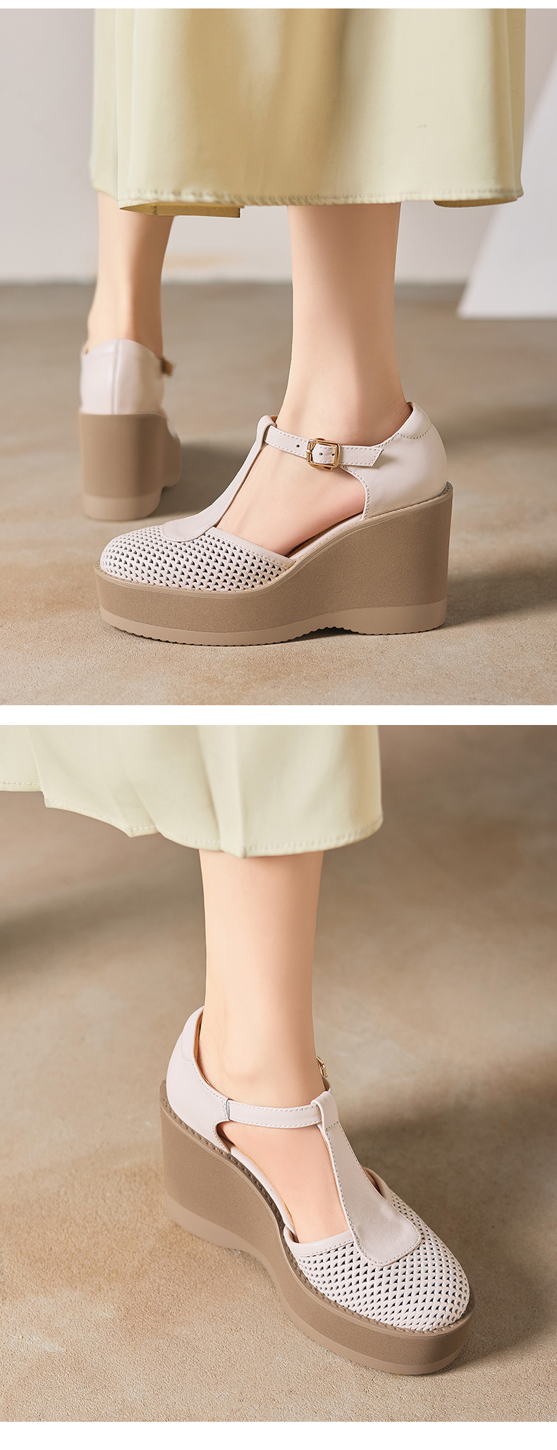 Sandal cao gót nữ đế dày 9.5 cm quai khóa chữ T phong cách tổ chim — màu trắng ngà chi tiết 8