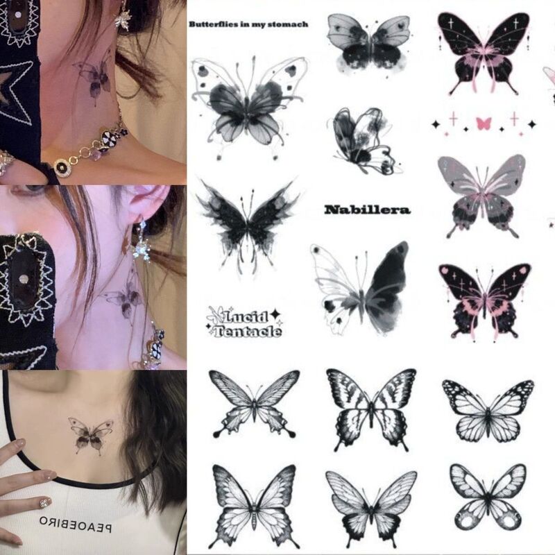 Black Ink Tattoo Stickers Waterproof and Long-Lasting Female Butterfly Collarbone Arm Dark Style Vitality Butterfly Temporary Tattoo Stickers