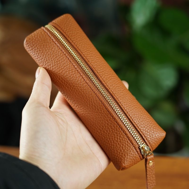 Leather Simple Pencil Case Portable Niche Girls Small Capacity Pencil Case Stationery Bag Business Pen Protective Cover Cosmetics Bag