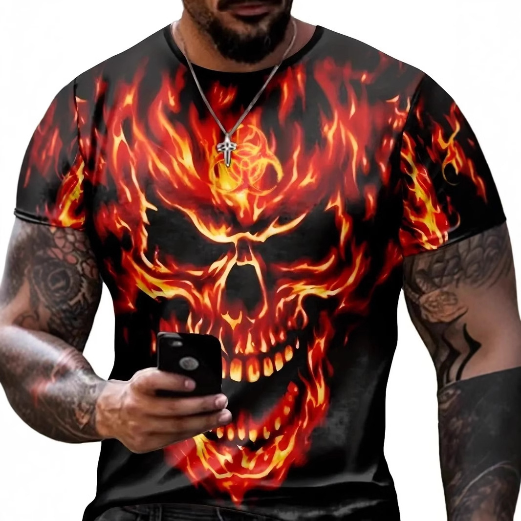 Hellfire Skull 3D Impresión digital de los hombres Verano suelto de malla de la calle alta transpirable de manga corta con cuello redondo camiseta en stock