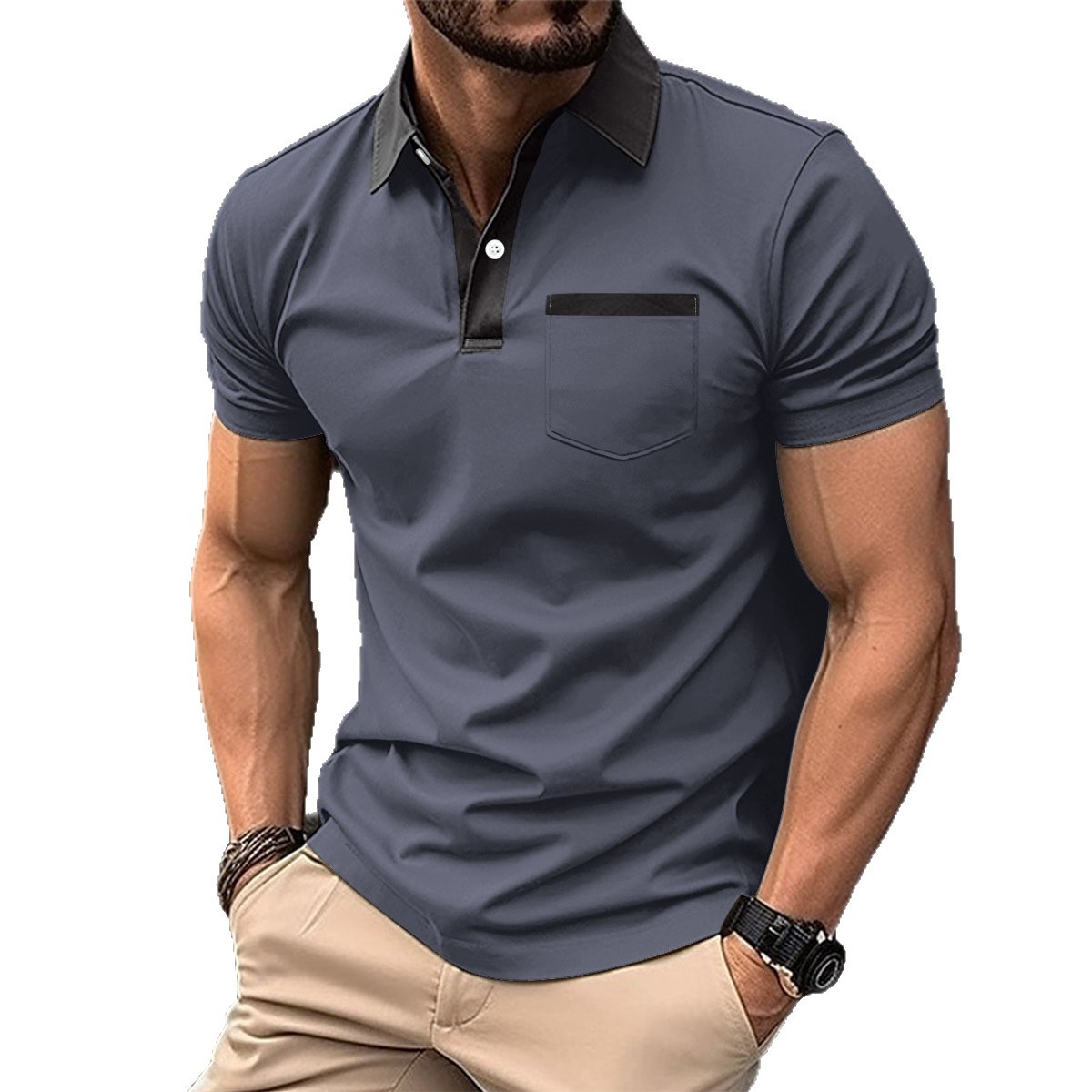 Stazione indipendente, moda transfrontaliera europea e americana, colletto risvoltato, vestibilità slim, tasca frontale, manica corta_voghion.com