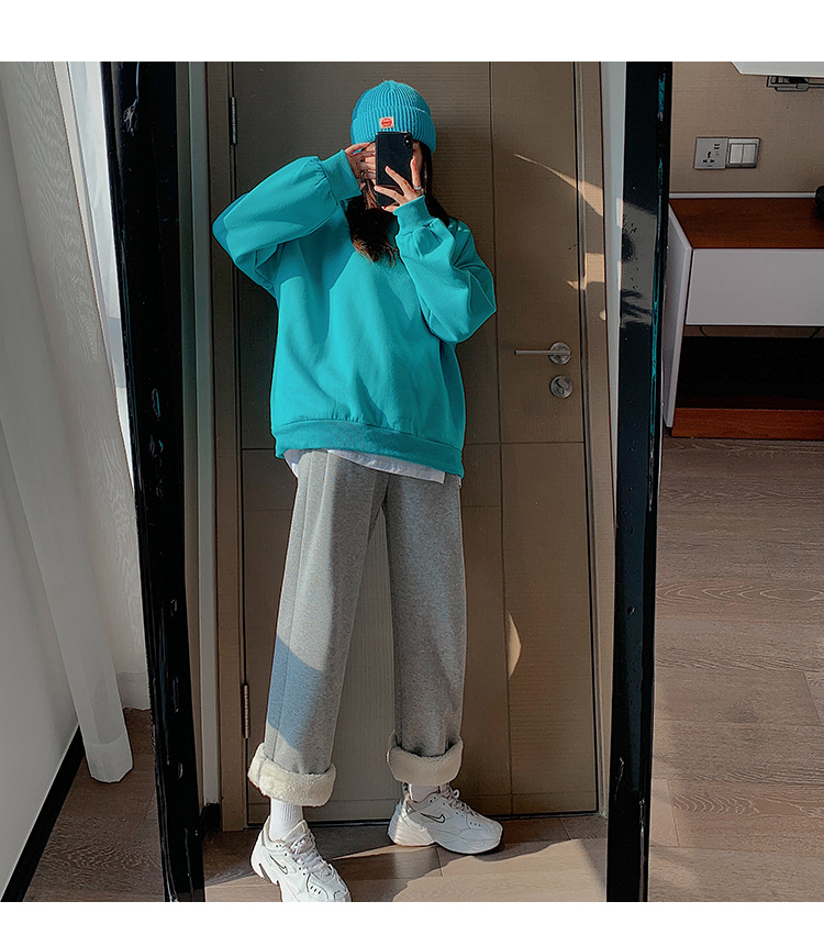 Super thick lambskin wide-leg pants, grey outerwear, thickened winter sports pants, drawstring cuffs, fleece sweatpants for women pic 19