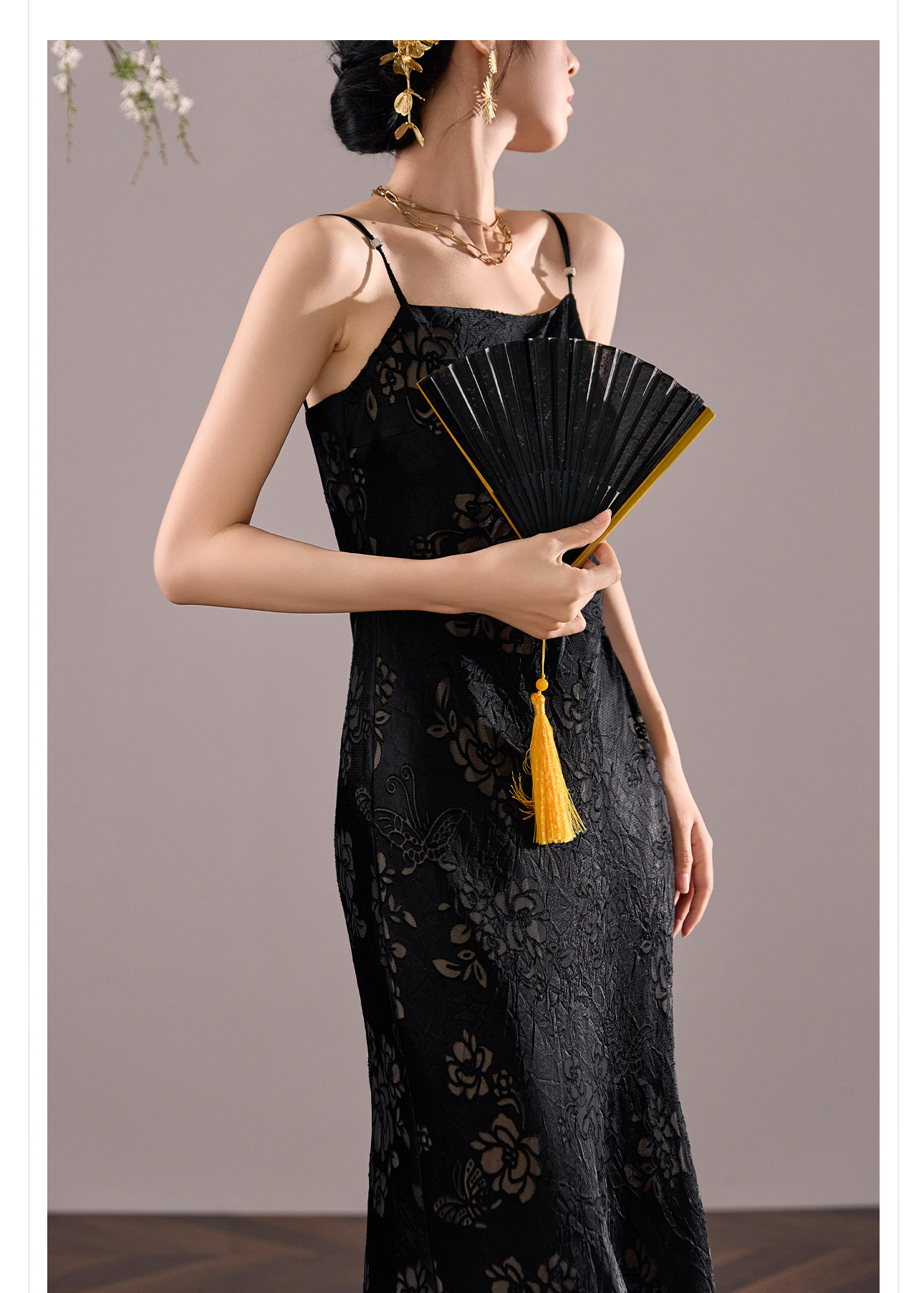 Đầm maxi nữ quốc phong dây mảnh chữ A dáng dài thắt eo — màu đen chi tiết 4