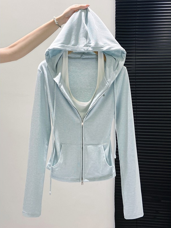 蓝色修身薄款外套女款秋2025新款韩系短款连帽正肩美式chic小个子|undefined