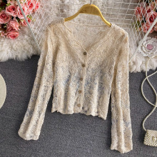 温柔女人味钩花镂空长袖蕾丝衫女2023春装新款休闲洋气网纱上衣潮