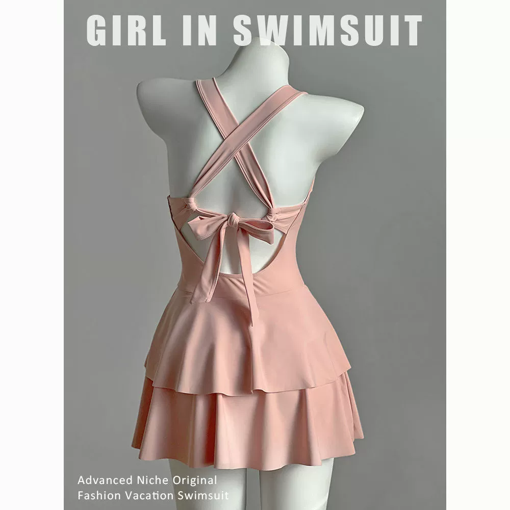 Молочный макаронный розовый купальник, женский цельный купальник в стиле юбки, консервативный утягивающий купальник в корейском стиле с защитой от солнца, купальник с горячей весной