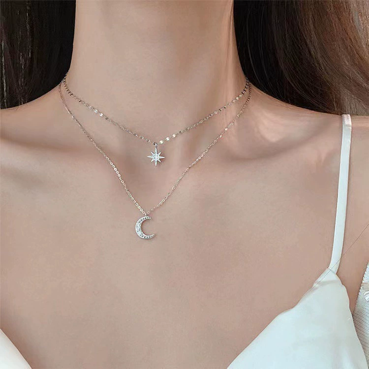 Necklace Brand, silver chain with moon & star pendants, Korean light-luxury design, 8×5.8 cm