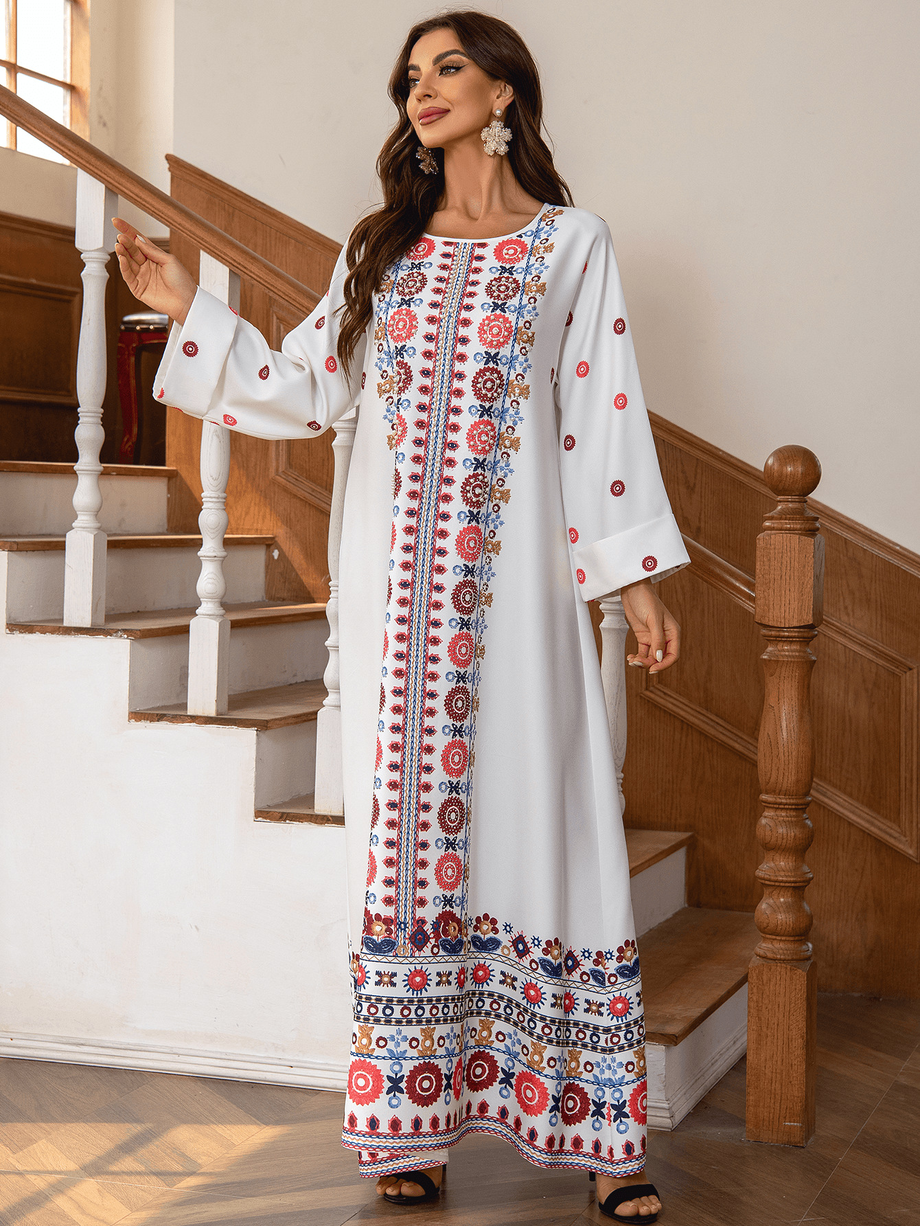 ZD028 Cross-border Middle Eastern Foreign Trade Muslim Ethnic Long Dress With Printed Gold Foil And Beading Elegant_ecoleips.com
