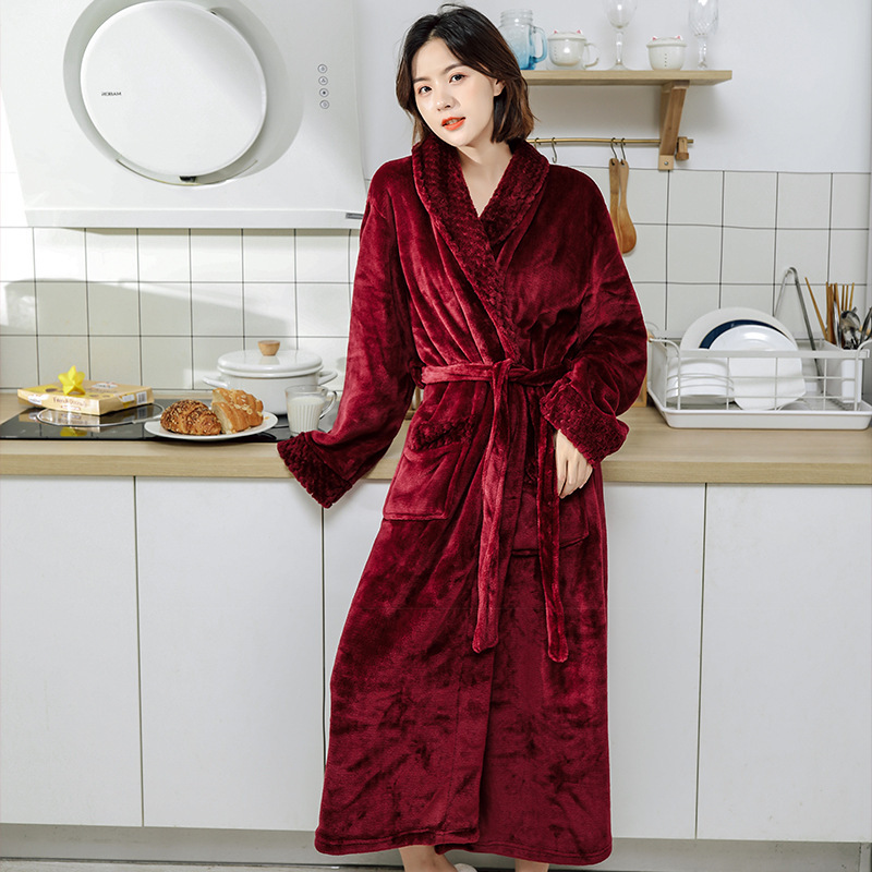 睡袍女秋冬新款法兰绒加绒加厚情侣浴袍珊瑚绒睡衣冬季长款家居服|undefined