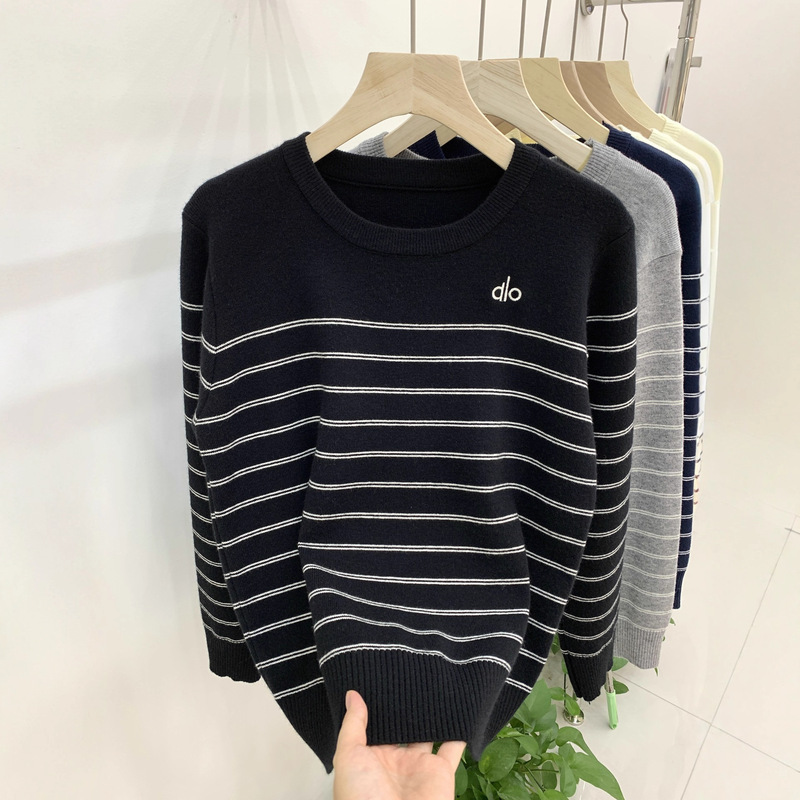 Vintage Striped Embroidered Knit Sweater for Women, Long-Sleeve Early Autumn Chic Top, Slim-Fit Lettered Alo Base Sweater Vintage Striped Embroidered Knit Sweater for Women, Long-Sleeve Early Autumn Chic Top, Slim-Fit Lettered Alo Base Sweater