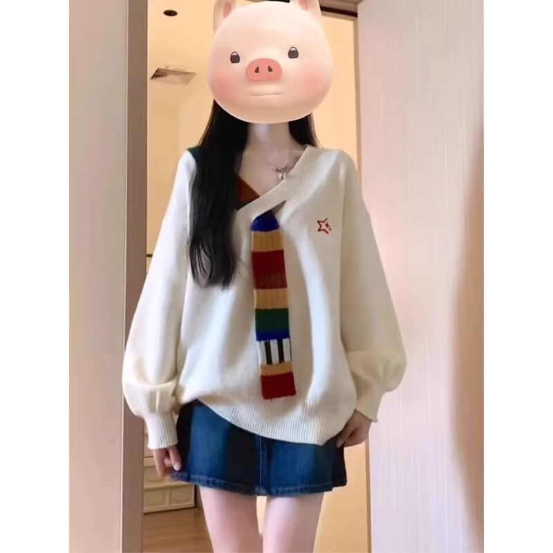2025年秋季款复古彩虹毛织拼接V领针织衫外套秋宽松学院风女毛衣|undefined