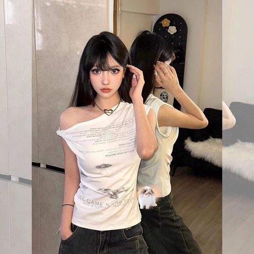 260g Cotton Modal Blended Print Cross-shoulder Short-sleeve T-shirt for Women, Edgy Design, Unique and Stylish Top