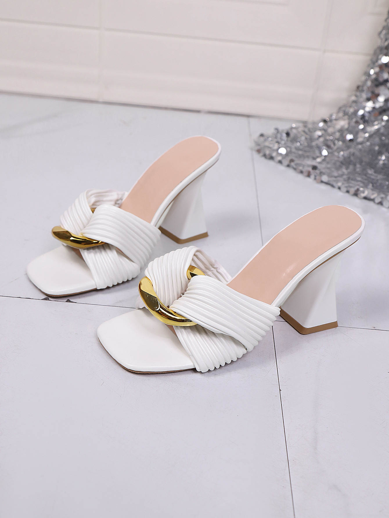 plus Size Women's Elegant Square Toe Sandals High Heels Chunky Heel Metal Buckle Sexy Style New Summer Export_vogvips.com