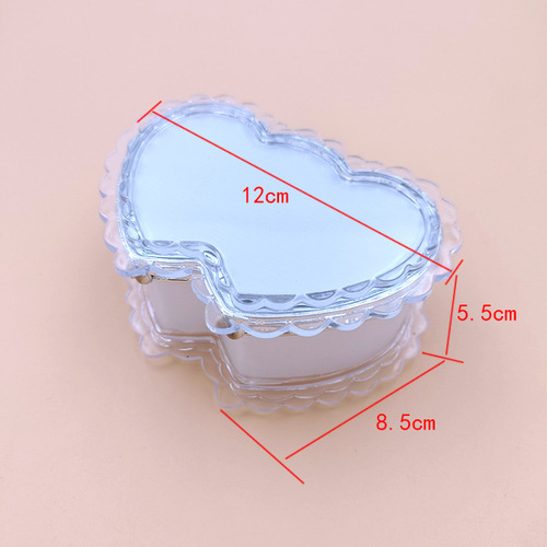 双桃心花边首饰盒儿童手工diy饰品收纳盒带镜子半透明塑料包装盒