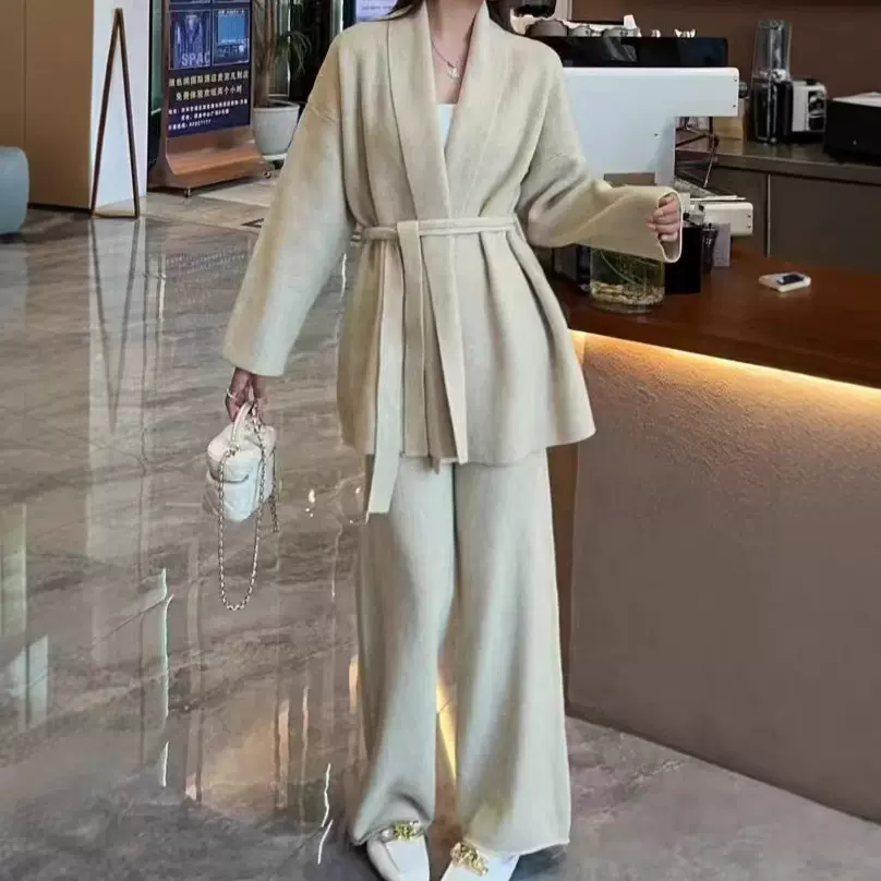高级感时尚针织套装女秋冬款收腰开衫外套阔腿裤纯色简约风两件套