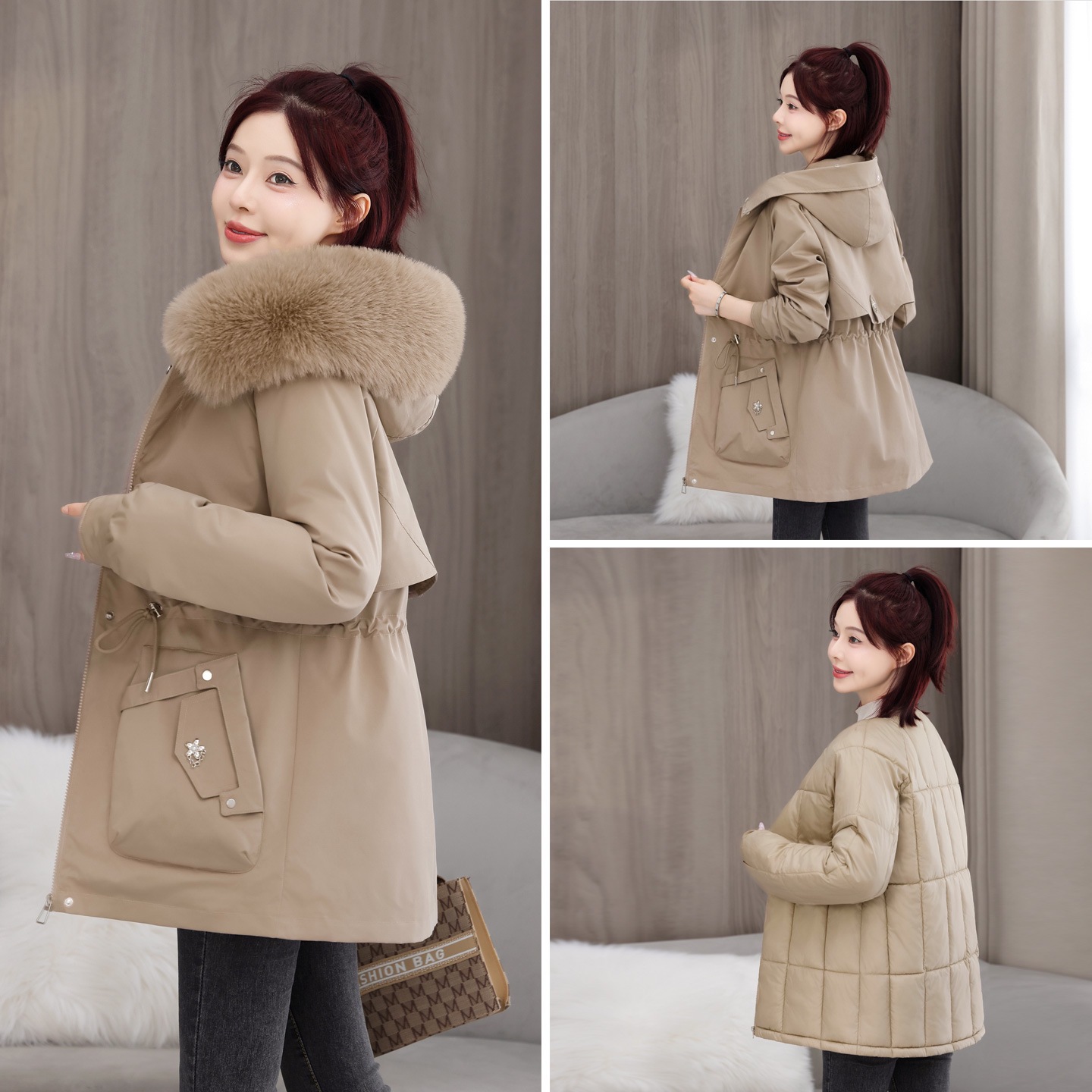 American Style Three Wear Over Peak desmontable ropa de algodón de invierno de mujeres cuello de cabello coreano medio largo chaqueta de algodón gruesa suelta image 2
