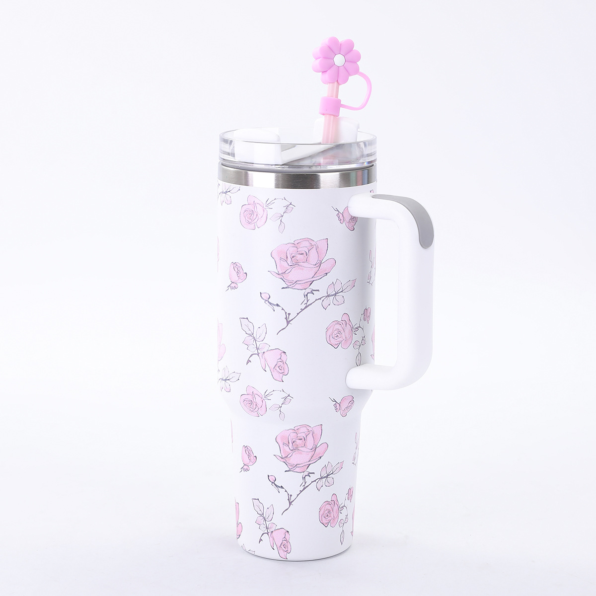 Vaso de Acero Inoxidable de 40 oz con Asa Floral, Gran Capacidad, Aislamiento al Vacío, Portátil para Exteriores con Pajita